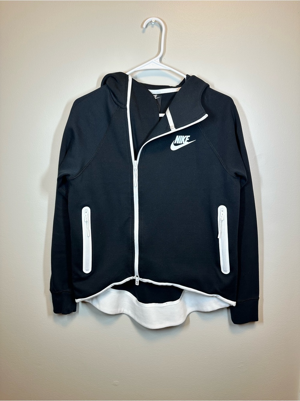 Nike Sportswear Black & White Zip Hoodie with Contrast Trim